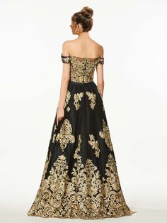 Embroidered Fitted Ball Gown Evening Dress, Elegant Embroidered Ball Gown With Fitted Bodice, Off-shoulder Embellished Evening Dress For Prom, Elegant Embroidered Prom Ball Gown, Elegant Embroidered Prom Dress, Embroidered Evening Dress For Prom, Gold Off-shoulder Gown For Wedding, Elegant Embroidered Evening Dress For Prom, Embroidered Evening Dress With Fitted Bodice For Prom