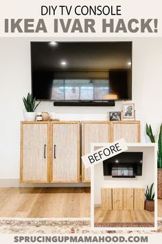 a tv sitting on top of a wooden cabinet in front of a flat screen tv