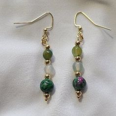 Small Green Agate, Light Agate, and Multi-Color Green Bead with Gold Tone Spacers and Ear Wires. Dyed Agate, Green Agate, Etsy Earrings Dangle, Agate Beads, Green Bead, Jewellery Making, Jewelry Ideas, Ear Wires, Beaded Earrings