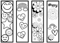 four bookmarks with cartoon faces and hearts on them, one has the word happy