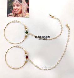 two bracelets with pearls and beads are shown in front of a card that says india exquisite designs