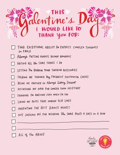 a pink valentine's day checklist with flowers on it