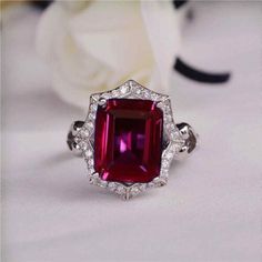 3.00Ct Emerald Cut Lab-Created Red Ruby & Diamond Ring 14K White Gold Plated | eBay Tiny Gold Earrings, Ring Ruby, Ruby Diamond Rings, Ruby Engagement Ring, Pretty Rings, Red Ruby, Ruby Ring, Halo Engagement Ring, Geometric Earrings