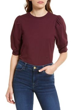 Puff sleeves add lavish volume to a classy cotton blouse rendered in a ruddy shade of cabernet red. 22 1/2" length (size Medium) Crewneck Elbow-length sleeves 100% organic cotton Dry clean or machine wash, dry flat Imported Relaxed Fit Short Sleeve Puff Sleeve Top For Fall, Fall Relaxed Fit Puff Sleeve Top With Short Sleeves, Fall Relaxed Fit Short Sleeve Puff Sleeve Top, Fall Puff Sleeve Top With Relaxed Fit, Fall Cotton Puff Sleeve Top With Short Sleeves, Cotton Puff Sleeve Top With Short Sleeves For Fall, Cotton Puff Sleeve Top For Fall, Cotton Fitted Top For Fall, Fitted Cotton Puff Sleeve Top With Crew Neck