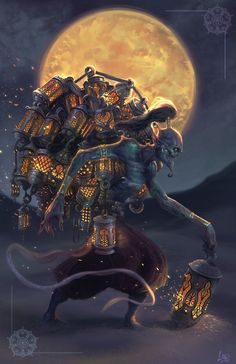 an image of a person with many objects on their shoulders and arms in front of a full moon