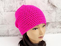 Product Overview: This listing is for a ready-to-ship sparkly hot pink slouchy crochet beanie. Details: ✤ Item Description:  Hand crocheted slouchy crochet beanie ✤ Materials: 97% Acrylic; 3% Metallic Fiber ✤ Color: Hot Pink Products are displayed as accurately as possible, but actual colors may vary slightly from on screen to in person. Size Dimensions: ✤ Length: 10.5 inches ✤ Width: 9 inches  ✤ Fits an an average size (21-22 inch head).  Hat stretches to fit. Care Instructions: ✤ Washing: Hand Slouchy Crochet Hat, Winter Crochet Hat, Crochet Hat Winter, Crochet Bonnet, Pink Products, Crochet Slouchy Beanie, Bonnet Au Crochet, Cat Eared Beanie, Crochet Winter Hats