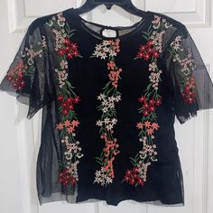 New With Tags! Beautiful Flower Embroider Details Spring Floral Embroidered Short Sleeve Tops, Cute Short Sleeve Blouse For Party, Black Short Sleeve Tops For Spring, Cute Short Sleeve Party Blouse, Spring Black Shirt With Floral Embroidery, Floral Applique Short Sleeve Tops For Summer, Black Shirt With Floral Embroidery For Spring, Cute Black Short Sleeve Blouse, Cute Black Party Tops