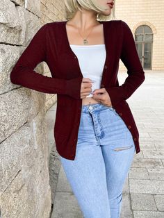 Solid Button Front Cardigan Burgundy Casual  Long Sleeve Knitwear Plain  High Stretch Spring/Summer/Fall Women Clothing, size features are:Bust: ,Length: ,Sleeve Length: Knitted Long Sleeve, Cardigan With Pockets, Elegante Casual, Button Front Cardigan, Style Cardigan, Lightweight Cardigan, Dressy Casual, Knitwear Women, Primavera Estate