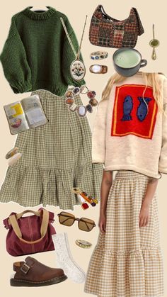 #autumn #gingham #skirts #sweater #jewelry #vintage #collage Sweater Jewelry, Outfit Collage, Vintage Collage, Cold Weather Outfits, Mode Inspiration, Looks Vintage