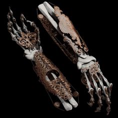 an intricately carved pair of hand and wrist cuffs, both made out of wood