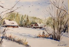 a watercolor painting of snow covered houses in the woods with birds flying over them