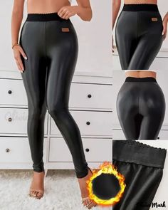 Olivia Mark - Leggings de cintura alta de piel de PU con forro polar Fleece Lined Leggings, Classic Style Outfits, Lined Leggings, Black Bottoms, Olivia Mark, Black Leggings, Classic Style, Leather Pants, Pu Leather