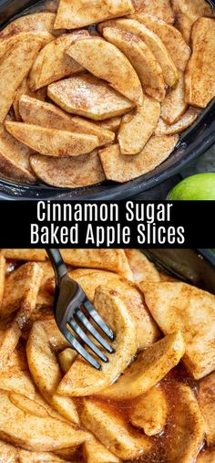 cinnamon sugar baked apple slices in a skillet with a fork stuck into the top