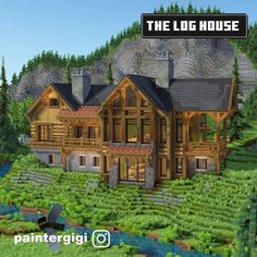 the log house is surrounded by trees and bushes, with mountains in the background as well as a river running through it