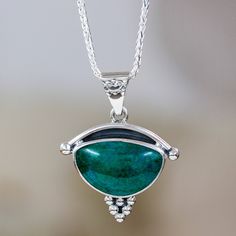 Handmade Mexico Chrysocolla and Silver Pendant Necklace - Taxco Mystique | NOVICA Elegant Green Chrysocolla Turquoise Necklace, Elegant Green Turquoise Necklace In Chrysocolla, Bohemian Emerald Gemstone Necklaces, Elegant Green Chrysocolla Jewelry, Spiritual Silver Emerald Necklace, Elegant Green Turquoise Chrysocolla Necklace, Spiritual Silver Necklace With Emerald, Chrysocolla Gemstone Oval Pendant Jewelry, Green Chrysocolla Pendant Jewelry