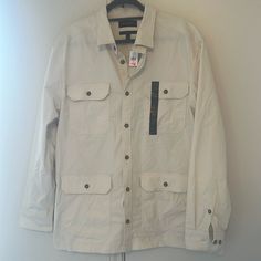 Brand New, Never Worn - Still Has Tags. Great Material, Drapes Very Well. 4 Pockets On Front. Casual Spring Outdoor Shacket, Casual White Outerwear With Spread Collar, White Cotton Shacket With Pockets, Collared Relaxed Fit Shacket For Outdoor, Collared Shacket With Relaxed Fit For Outdoor, Relaxed Fit Collared Shacket For Outdoor, White Cotton Casual Shacket, Casual Outdoor Shacket With Patch Pockets, Casual Shacket With Patch Pockets For Outdoor