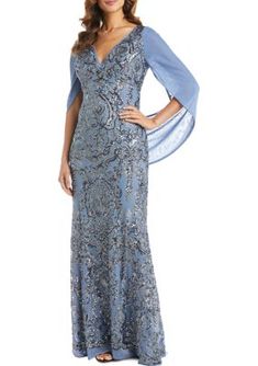 This gown will take the breath away from the viewer! | R & M Richards Women's Long Beaded V-Neck Empire Waist Dress On Mesh with Chiffon Draped Cowl Back Sleeve Elope Dress, Mob Dress, Mesh Gown, Mother Of The Bride Dresses Long, Bride Gown, Bride Fashion, Bride Outfits, Sheath Gown, Mother Of Groom Dresses