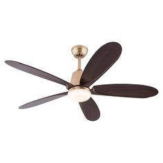 a ceiling fan with two brown blades and a white light on the top of it