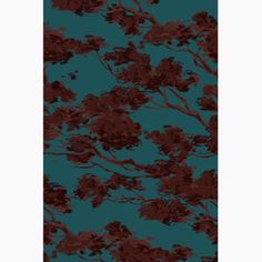 a blue and brown wallpaper with red flowers on it