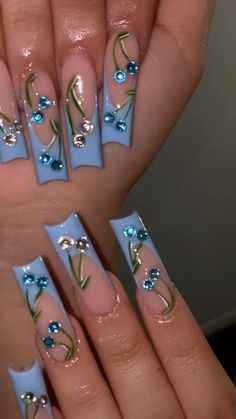 Rhinestone Nails Blue, Cherry Nails, Bling Acrylic Nails, Nagel Inspo