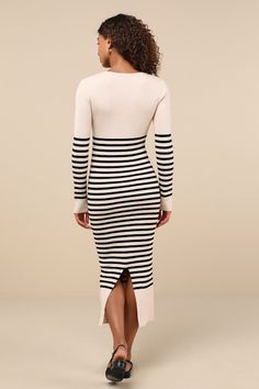 No matter what you're up to, stay as stylish as you are cozy in the Lulus Upgraded Comfort Cream and Black Striped Midi Sweater Dress! Soft and stretchy ribbed knit, with a black striped pattern throughout, shapes this chic sweater dress with a flattering V-neckline and a fitted bodice, all framed by long sleeves. The figure-skimming silhouette falls to a sophisticated midi hem, perfect for showing off your favorite boots! Fit: This garment fits true to size. Length: Mid-calf length. Size medium Chic Bodycon Dress For Loungewear, Bodycon Midi Dress For Loungewear, Chic Striped Long Sleeve Sweater Dress, Chic Stretch Midi Dress For Loungewear, Chic Midi Sweater Dress For Loungewear, Chic Striped Fitted Sweater Dress, Black V-neck Midi Dress For Loungewear, Chic Stretch Sweater Dress For Loungewear, Fitted Midi Dress For Winter Loungewear