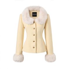 ❤︎ Sweet Cream Yellowf -Calla Slim Court + Argyle Firth Kart [Reservation Product]❤︎ Elegant Yellow Winter Outerwear, Viva Forever, Checked Skirt, Horse Races, Fur Collar Jacket, Sweet Cream, Blair Waldorf, Cute Jackets, Sweet Sweet