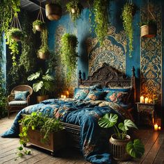 a bedroom with blue walls and plants on the bed