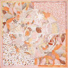 an abstract painting with leaves and flowers in orange, pink, yellow and white colors