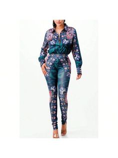 Multicolor Casual Collar   Plantas,Estampado Integral  Embellished Top And Bottom Set, Shirt Blouses Tops, Navy And Green, Two Piece Outfit, Blouse Top, Scarf Print, All Fashion, High Waist, Latest Trends