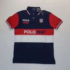 Men's Navy, Red And White Custom Slim Fit Short Sleeve Polo Shirt. 100% Cotton Price Is Firm Check Out My Closet For More Limited Edition Polo Bear, Polo Ralph Lauren, Michael Kors, Kate Spade & Aldo Sporty Red Collared Polo Shirt, Red Polo Collar Shirt For Summer, Red Sporty Polo Collar Top, Sporty Red Polo Collar Top, Sporty Red Top With Polo Collar, Red Cotton Polo Shirt For Summer, Summer Red Cotton Polo Shirt, Red Polo Collar T-shirt For Summer, Sporty Red Short Sleeve Polo Shirt