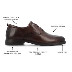 Introducing the Stafford derby shoe by Thomas & Vine, a perfect combination of style and comfort. Crafted with genuine leather, these lace-up shoes exude durability and timeless charm. The 12 mm Tru Comfort Foam™ insole provides superior cushioning, ensuring all-day comfort with every step. With a round-toe design, 1-inch block heel, elastic gusset for extra comfort, and an ExtraLight outsole, the Stafford derby delivers both style and practicality. The cushioned collar and tongue add an extra l Thomas Vines, Derby Shoe, Derby Dress, Brown Dress Shoes, Closed Toe Shoes, Dress Shoe, Round Toe Heels, Derby Shoes, Toe Designs