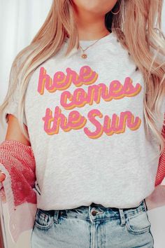 HERE COMES THE SUN GRAPHIC T-SHIRT** PLUS SIZE AVAILABLE: 10967X-TS-PLUS **- Premium 4.2 oz., 100% airlume combed and ringspun cotton- Retail fit- Unisex sizing- Shoulder taping- Sideseamed- Pre-shrunk* SUMMER, SUMMER TEE, SUMMER GRAPHIC, SUMMER OUTFIT, BEACH, OCEAN, SAND, SUN, SWIM, VACATION, TRAVEL, OUTDOOR, CAMPING Style: CASUAL Print / Pattern: HERE COMES THE SUN Silhouette: TEE Fit: UNISEX Neck Line: CREW Sleeve: SHORT Made In: USAFabric Contents: 100% COTTON Stretch fabric Non-sheer fabric