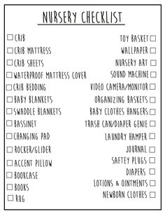 a printable nursery checklist is shown in black and white