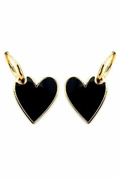 Gold plated brass, black enamel heart inlay, hinge closure, 1.25"" length.80% gold plated brass, 20% enamel Store flat in a cool, dry location after each wear. Avoid Water Luxury Black Enamel Jewelry For Weddings, Luxury Unique Enamel Earrings, Luxury Black Enamel Elegant Earrings, Luxury Statement Earrings With Black Enamel, Luxury Black Enamel Earrings For Anniversary, Luxury Black Enamel Fine Jewelry Earrings, Gold Enamel Heart Charm Earrings, Gold Enamel Heart Earrings, Trendy Black Double Heart Jewelry