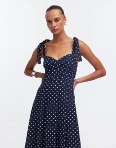 Pleated Sweetheart Midi Dress in Polka Dot Sweetheart Midi Dress, Blue Polka Dot Dress, White Polka Dot Dress, Modern Dress, Polka Dot Dress, Bags Shoes, Dot Dress, White Polka Dot, Sweetheart Neckline