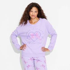 Upgrade your casual wear collection with Women's Self Love Bow Cozy Graphic Sweatshirt – Purple. Features self-love club graphics that gives a cool vibe. Made of cotton mixed with polyester along with fleece fabric, it makes it easy to wear throughout the day. Wear this sweatshirt with your favorite pair of jeans for a weekend getaway or a casual outing with friends. Purple Graphic Print Tops For Loungewear, Graphic Print Tops For Loungewear, Purple Letter Print Tops For Loungewear, Fall Crew Neck Sleepwear, Casual Sleepwear With Graphic Print And Crew Neck, Casual Graphic Print Sleepwear With Crew Neck, Purple Self Love, Outing With Friends, Target Clothes