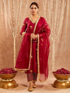 Buy Red Gota Work Organza Dupatta | THE42SEP102/THE42SEP Gota Work, Organza Dupatta, Loom, Shawl, Design Inspiration, Couture, Red, Design