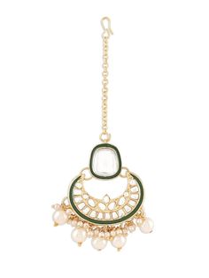 This jewellery set consists of a necklace, maangtika and a pair of earringsGold-plated layered necklace, has white & Green Kundan stone-studded & Pearls beaded detailsSecured with a drawstring closureA pair of matching drop earrings, each secured with a post-and-back closureMatching maangtika secured with hook closure Size & Fit Necklace Length-51 cmEarring Length-8 cm EachMaangtikka Length-12 cmProduct Weight-179 grams Material & Care Material: AlloyPlating: Gold-platedStone Type: Kundan & PearlsCare InstructionWipe your jewellery with a soft cloth after every useAlways store your jewellery in a flat box to avoid accidental scratchesKeep sprays and perfumes away from your jewelleryDo not soak your jewellery in waterClean your jewellery using a soft brush, dipped in jewellery cleaning solu Traditional Chandbali Earrings With Dangling Beads, Bollywood Style Dangling Beads Jewelry For Festivals, Traditional Chandbali Jewelry With Dangling Beads, Temple Jewelry With Dangling Beads For Diwali, Adjustable Green Jewelry For Diwali, White Bollywood Metal Jewelry, White Metal Bollywood Jewelry, Diwali Temple Jewelry With Dangling Beads, Bollywood Style White Metal Jewelry