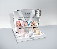 a display case with various products on it and a stamp that says, vicy