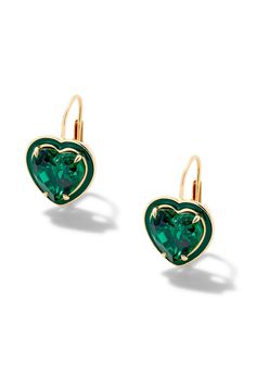 Make a statement day or night. These earrings add the perfect amount of sparkle to any occassion. Customize with your choice of heart-shaped colored lab-created gemstones and matching colored enamel. Elegant Enamel Heart Cut Jewelry, Elegant Heart Cut Enamel Jewelry, Elegant Heart-shaped Enamel Earrings, Elegant Heart Enamel Earrings For Gift, Elegant Enamel Heart Earrings For Gift, Elegant Green Earrings With Heart Charm, Heart Cocktail, Alison Lou, Emerald Blue