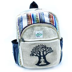 Hemp eco friendly backpack with Bodhi Tree of Life design. The Tree of Life symbol represents our personal development, uniqueness and individual beauty. Just as the branches of a tree strengthen and grow upwards to the sky, we too grow stronger, striving for greater knowledge, wisdom and new experiences as we move through life. Small Measures : 12" x 9" x 3" Large Measures : 18" x 12" x 4" Eco Friendly Backpack, Small Rucksack, Hippie Backpack, Hemp Bag, Tree Of Life Symbol, Handmade Backpacks, Bodhi Tree, Kathmandu Nepal, Unisex Backpack