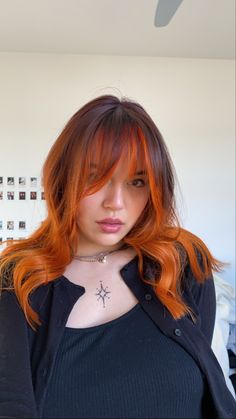 Orange Dye On Brown Hair, Orange Hair With Brown Roots, Orange Color Block Hair, Brown To Orange Hair, Orange Balayage Hair, Hair Color Blocking, Brown And Orange Hair, Orange And Brown Hair, Orange And Red Hair