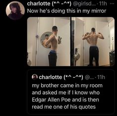 the man is showing off his muscles in front of a mirror and then he has no shirt on