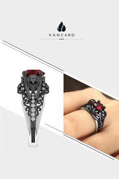 Skull With Lotus Ruby Heart Two Tone Silver And Black Fashion Ring Elegant Red Skull Ring For Gift, Black Skull Jewelry For Anniversary, Elegant Red Skull Ring For Anniversary, Elegant Red Skull Ring For Wedding, Ice Hair, Black Skull Ring, Gothic Ring, Ruby Heart, Gothic Rings