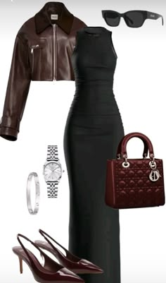 Black Dress Leather, Sleek Black Dress, Dress Leather, Winter Vibes, Leather Accents, Mode Inspo