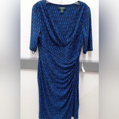 Lauren Ralph Lauren Blue Geo Print Ruched/Wrap Fitted V-Neck Dress New Size 12 Has A Beautiful Blue Washed Print With Motifs Reminiscent Of The Mediterranean Or Middle East Stretch Jersey, Figure Flattering, Wrap Style Extremely Stunning! Geo Print Dress, Size 12 Dress, Ralph Lauren Blue, Geo Print, The Mediterranean, V Neck Dress, Dress Blue, Middle East, Beautiful Blue