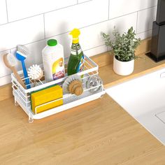 a kitchen sink filled with cleaning supplies next to a counter