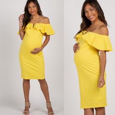 Pinkblush Yellow Maternity Dress. New Without Tags Pinkblush Exclusive! A Solid Hued Maternity Dress Featuring A Form-Fitting Style, An Off Shoulder Neckline With A Ruffle Trim, A Wire Supported V-Cutout In Front. Length: 36in 95% Polyester 5% Spandex Yellow Fitted Maternity Dress, Fitted Midi Dress For Maternity Wear In Spring, Chic Spring Midi Dress For Maternity Wear, Fitted Maternity Dress For Summer Date Night, Fitted Maternity Dress For Date Night In Spring, Feminine Fitted Maternity Dress For Brunch, Sleeveless Spring Maternity Dress For Brunch, Fitted Yellow Maternity Dress, Feminine Sleeveless Spring Maternity Dress