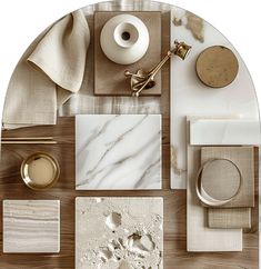 a table topped with lots of different types of items on top of a wooden surface