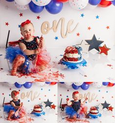 Red White Blue Smash Cake, Fireworks First Birthday, July Birthday Themes, 4th Of July First Birthday Girl, Our Little Firecracker Is Turning One, Fourth Of July Birthday Cake, July 1st Birthday Party Ideas